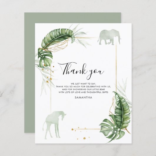 Safari Baby shower Giraffe Olifant Dank u kaart (Voorkant / Achterkant)