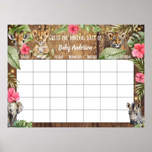 Safari Baby Shower Guess Due Date Calendar Poster (Voorkant)