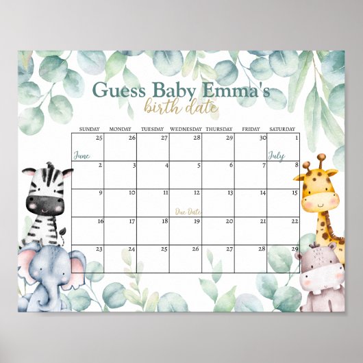 Safari Baby shower Guess Due Date Kalender Poster (Voorkant)