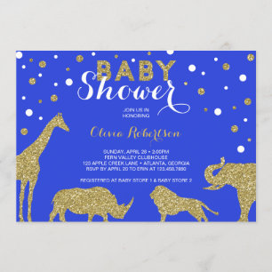 Safari Baby shower Invitation, Faux Gold, Blauw Kaart