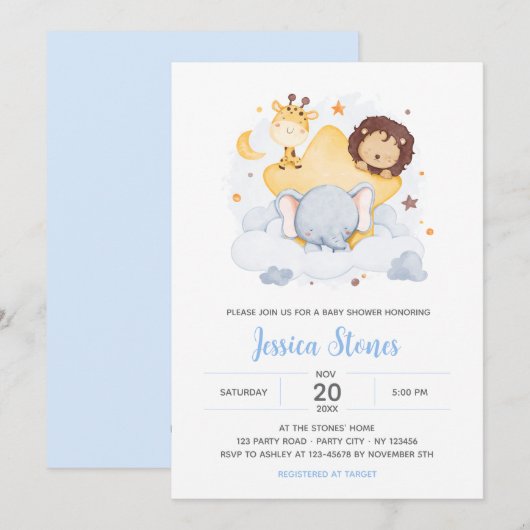 Safari Baby Shower Invitations sur Star Moon Sky (Devant / Derrière)