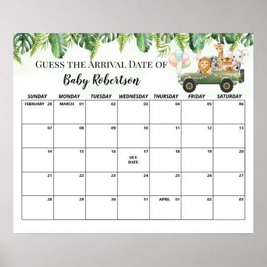 Safari Baby Shower Jungle Raad de Verwachte Datum  Poster (Voorkant)