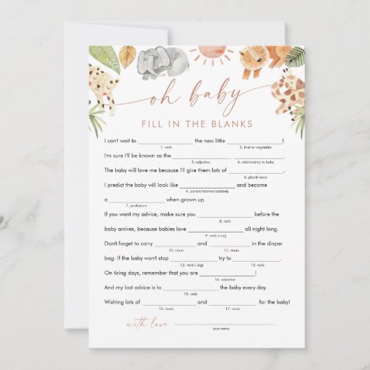 SAFARI Baby shower Libs, vul het blanco spel in Kaart (Voorkant)