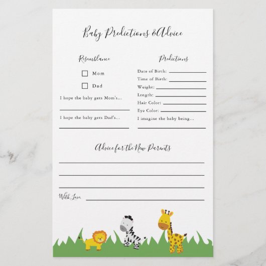Safari Baby shower Predictions and Advice Game Flyer (Voorkant)