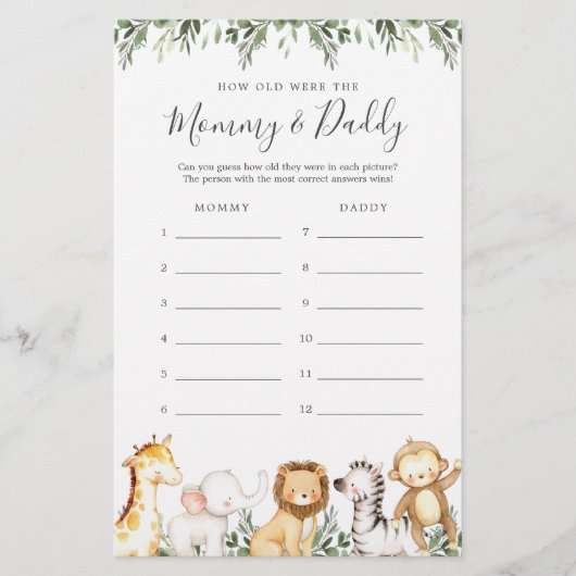 Safari Baby shower Quel Âge Avaient-Ils Jeu Carte (Devant)