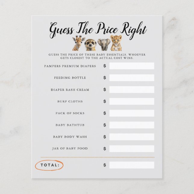 Safari Baby shower spel raden de prijs (Voorkant)