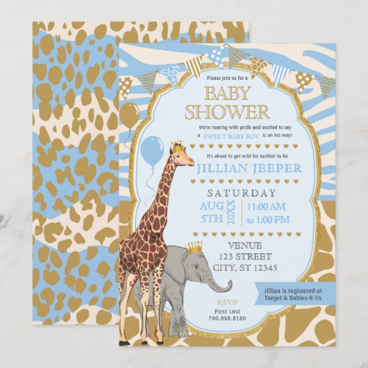 Safari Baby shower Uitnodiging - (Boy Blue) (Voorkant / Achterkant)