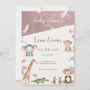 Safari baby shower uitnodiging Roze waterverf Ju