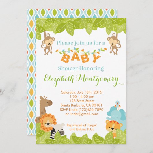Safari Baby shower Uitnodiging tot dierproeven (Voorkant / Achterkant)