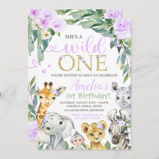 Safari Birthday Invitation Wild One Uitnodiging (Voorkant / Achterkant)