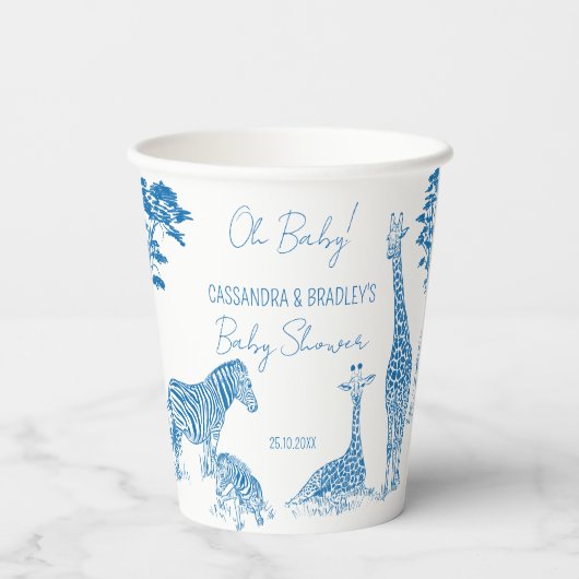 Safari blauw toile giraffe baby shower monogrammed papieren bekers (Achterkant)