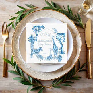 Safari blauw toile giraffe baby shower monogrammed servet
