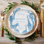 Safari bleu toile girafe baby shower monogrammé<br><div class="desc">African Safari bleu toile girafe baby shower monogrammé plaques personnalisées modèle, bleu poussiéreux français toile style safari baby shower à thème customisé assiettes en papier, mignonne girafe, acacia, aloe tree ibis hadeda oiseau baby shower africain décor personnalisé table, baby boy toile plaques de baby shower, croquis moderne baby shower party,...</div>