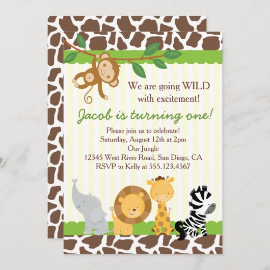 Safari Boy 1st Birthday Party Invitation Kaart (Voorkant / Achterkant)