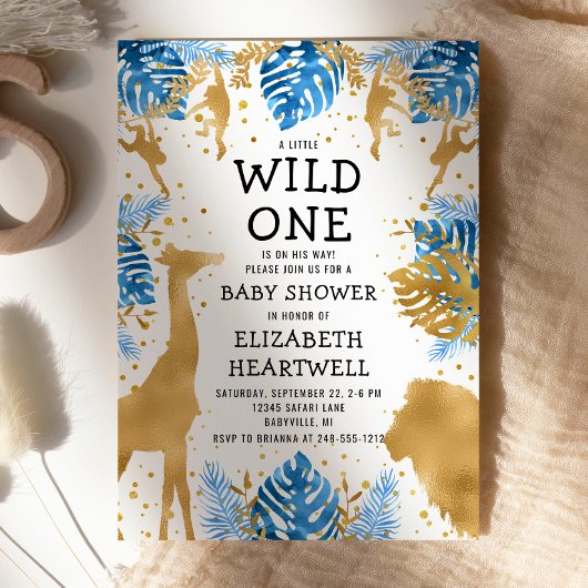 Safari Boy Baby shower Blue Gold Invitation