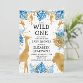 Safari Boy Baby shower Blue Gold Invitation (Debout devant)