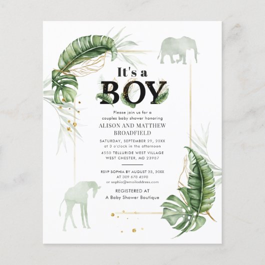 Safari Boy Baby shower Olifant Giraffe Uitnodiging (Voorkant)