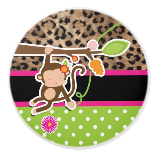 Safari Chique Aap Luipaard Cheetah Roze & Groen Keramische Knop (Voorkant)