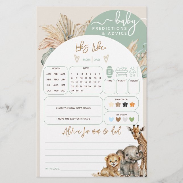 Safari dier boho Baby shower voorspellingen spel (Voorkant)