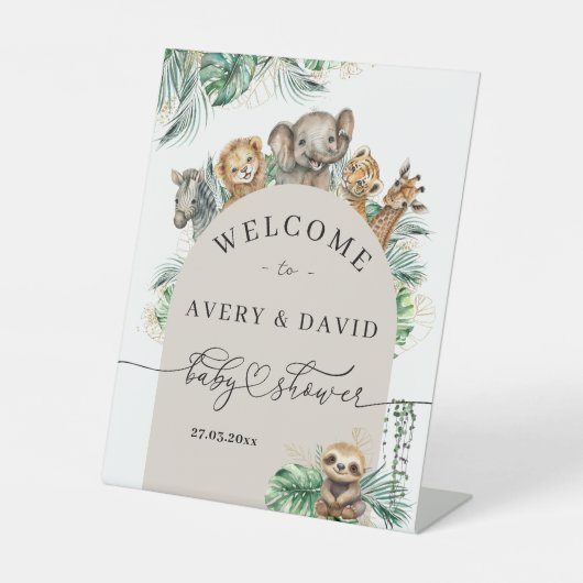 Safari Dier Oerwoud Modern Welkom Baby shower Reclamebord Met Voetstuk (Voorkant)