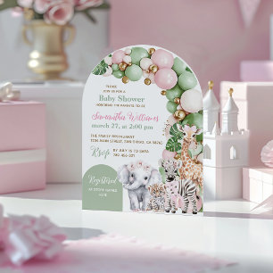 Safari Dier Tropisch Groen Roze Baby Meisje Douche Kaart