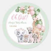 Safari Dier Tropisch Groen Roze Baby Meisje Douche Ronde Sticker (Voorkant)