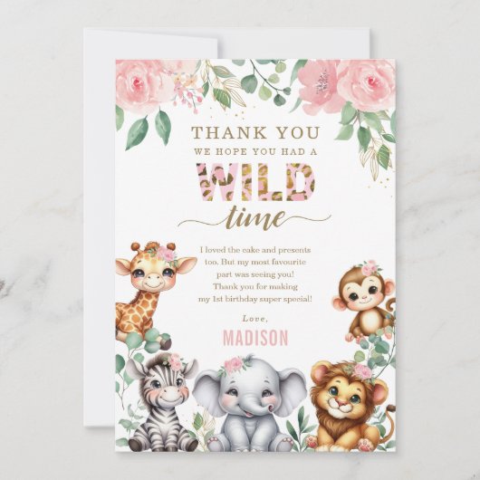 Safari Dier Wild One Blush Bloemen 1e Verjaardag Bedankkaart (Voorkant)
