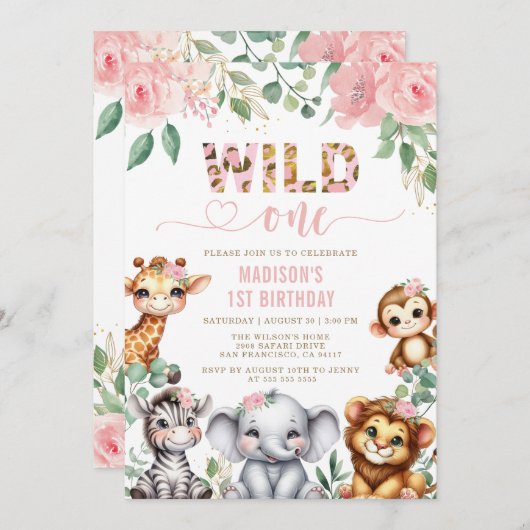 Safari Dier Wild One Blush Bloemen 1e Verjaardag Kaart (Voorkant / Achterkant)