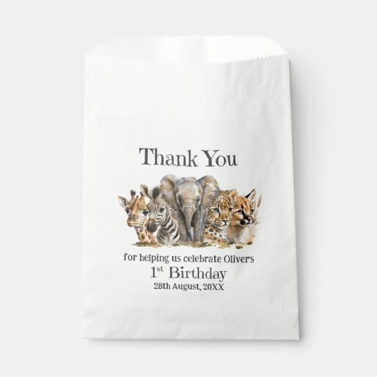 Safari Dieren 1e verjaardagsfeestje Dank u Bedankzakje (Voorkant)