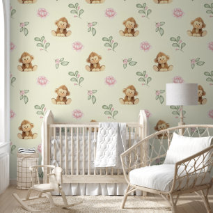Safari Dieren Aap Roze Bloemen Baby Meisje Behang