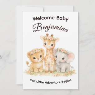 Safari Dieren Baby Meisje Bloemen Kroon Shower Kaart