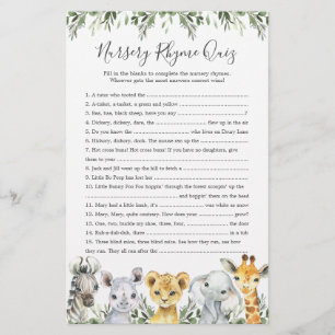 Safari Dieren Baby shower Kwekerij Rhyme Quiz spel