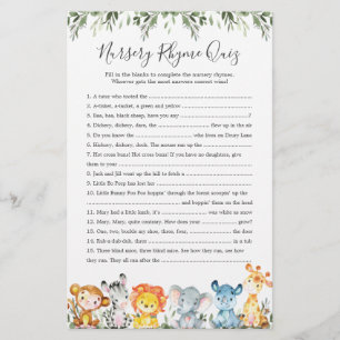 Safari Dieren Baby shower Kwekerij Rhyme Quiz spel