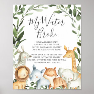 Safari Dieren Baby shower Mijn Water Broke teken Poster