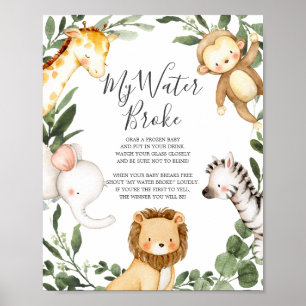 Safari Dieren Baby shower Mijn Water Broke teken Poster