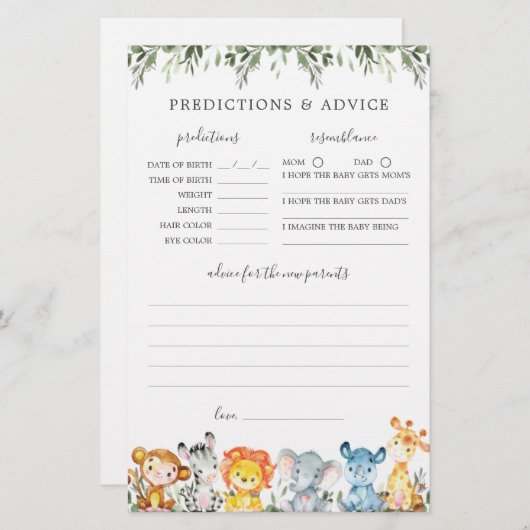 Safari Dieren Baby shower Voorspellingen en Advies (Voorkant / Achterkant)