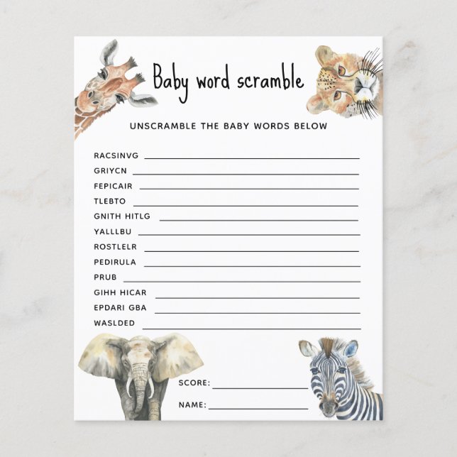 Safari dieren - Baby Word Scramble (Voorkant)