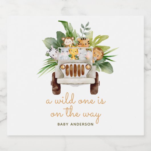 Safari Dieren - Een wild One Baby shower Sparkling Wijnetiket (Enkel label)