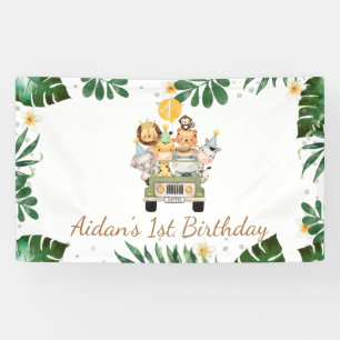 Safari Dieren Gele Ballon Verjaardagsbanner Spandoek