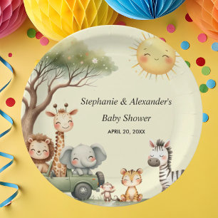 Safari-dieren geslacht neutrale babyshower rond papieren bordje