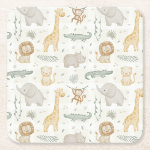 Safari Dieren Jungle Groene Gingham Ruit Vierkante Kartonnen Onderzetter