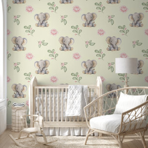 Safari Dieren Olifant Roze Bloemen Baby Meisje Behang