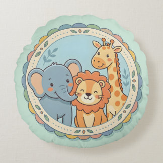Safari Dieren Pastel Olifant Leeuw Giraffe Rond Kussen