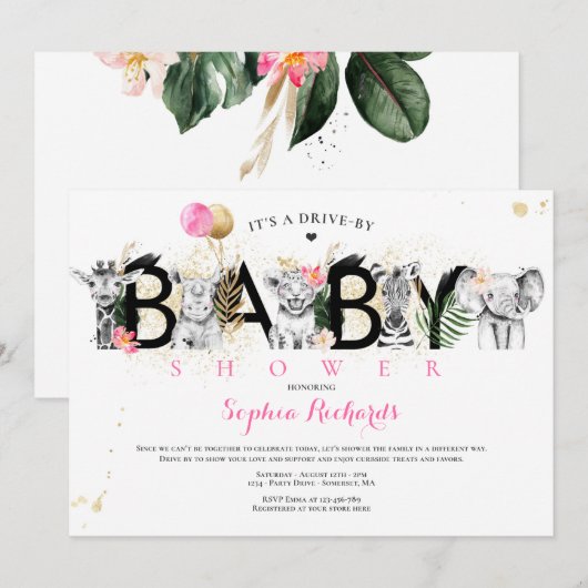 Safari Dieren rijden door Baby shower Greenery Gol Kaart (Voorkant / Achterkant)