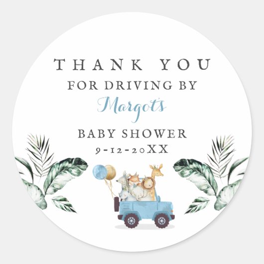 Safari Dieren rijden door Baby shower Greenery Gol Ronde Sticker (Voorkant)