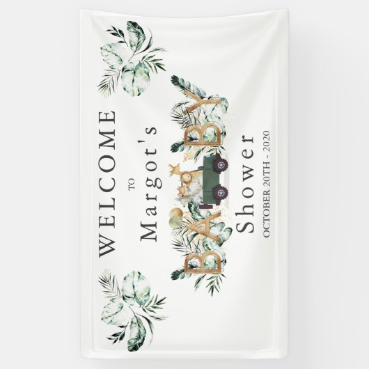 Safari Dieren rijden door Baby shower Greenery Gol Spandoek (Verticaal)