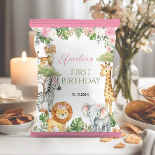 Safari Dieren Roze Bloemrijke Feest Zak Chips Zak  Flyer