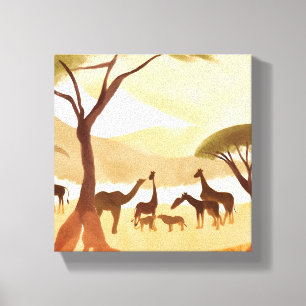 Safari Dieren   Silhouette Natuur Aquarel Canvas Afdruk