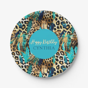 Safari Dieren Vacht Prints Patroon Blauw en Goud Papieren Bordje