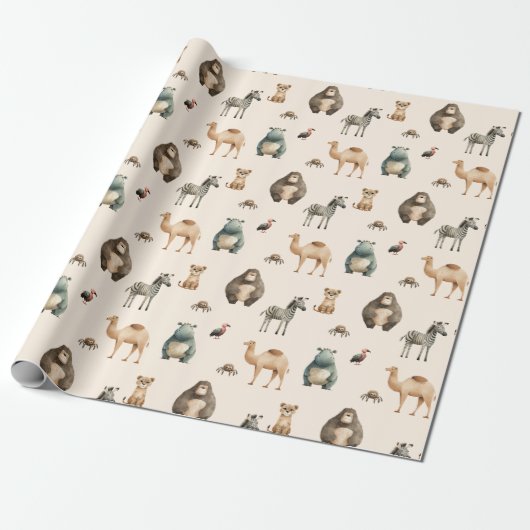 Safari Dieren Zebra Leeuw Camel Hippo Cadeaupapier (Uitgerold)